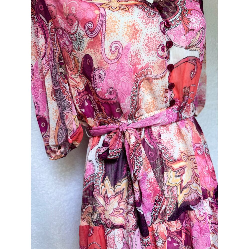 London Times Pink Paisley Button Up 3/4 Sleeve Above Knee Aline Dress - Picture 5 of 11
